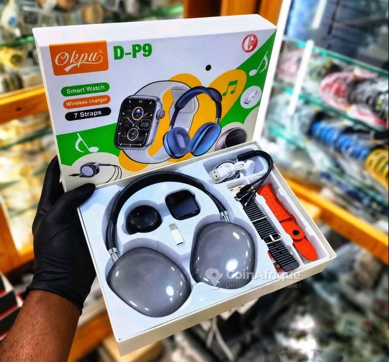 Kit montre connectée + casque audio + 7 bracelets + mini enceinte bluetooth + câble de charge