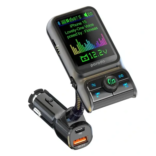 Chargeur de voiture à double port Porodo Transmetteur FM PD 36 W QC 18 W – PD-FM36WCC-BK – Noir