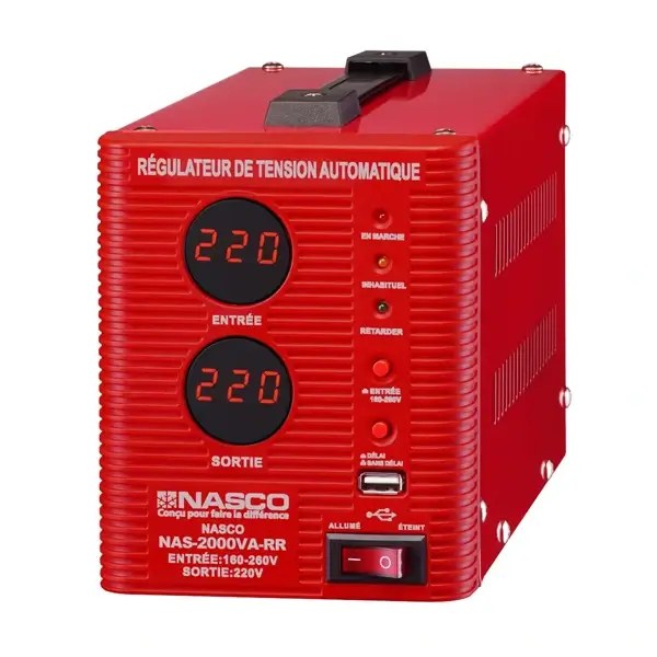 Stabilisateur digital automatique Nasco – 2000VA – Protection haute tension/basse tension- Rouge – NAS-2000VA-RR