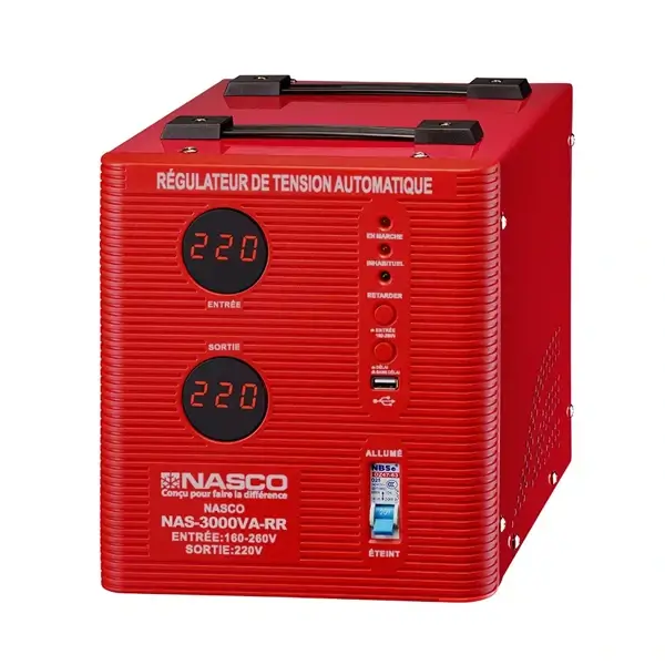 Stabilisateur automatique Nasco – 3000VA – Compteur digital – Rouge – NAS-3000VA-RR