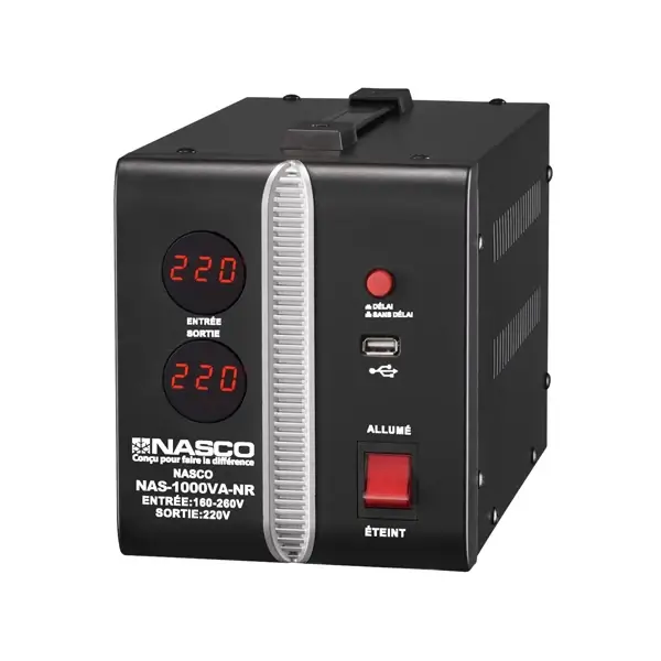 Stabilisateur digital automatique Nasco – 1000VA – Protection haute tension/basse tension – Noir – NAS-1000VA-NR
