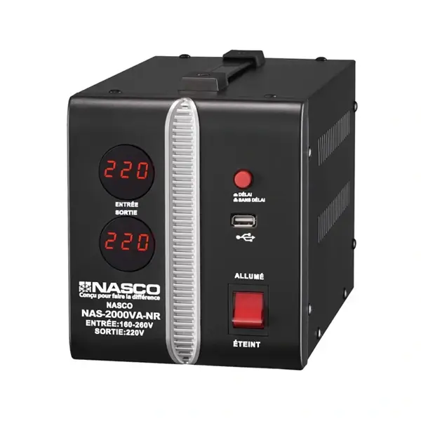 Stabilisateur digital automatique Nasco – 2000VA – Protection haute tension/basse tension  – Noir – NAS-2000VA-NR