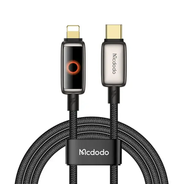 Câble de charge rapide tressé avec lumière LED Mcdodo 36W – Type-C vers Lightning avec arrêt automatique de charge – 1,2 m – MCDODO-CA-667 – Noir