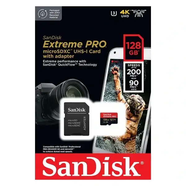 Carte mémoire SanDisk Extreme PRO UHS-I – 128 Go – Enregistrement 4K UHD – avec adaptateur- microSDXC – 200 Mo/s en lecture – SDSQXCD-128G-GN6MA