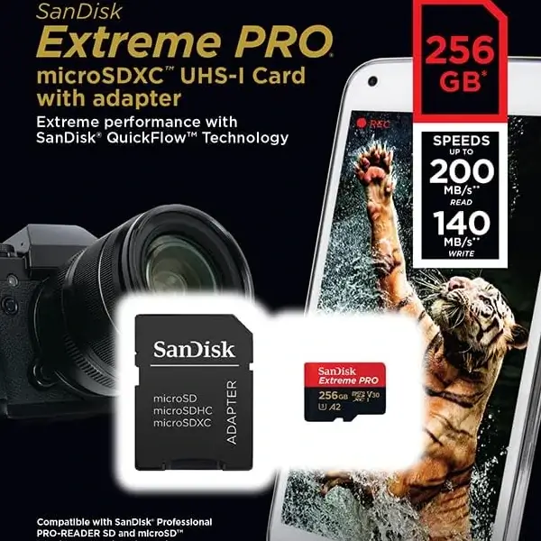Carte mémoire SanDisk Extreme Pro microSDXC UHS-I Card – 256Go – Pour smartphone, caméra d’action ou drone – SDSQXCD-256G-GN6MA