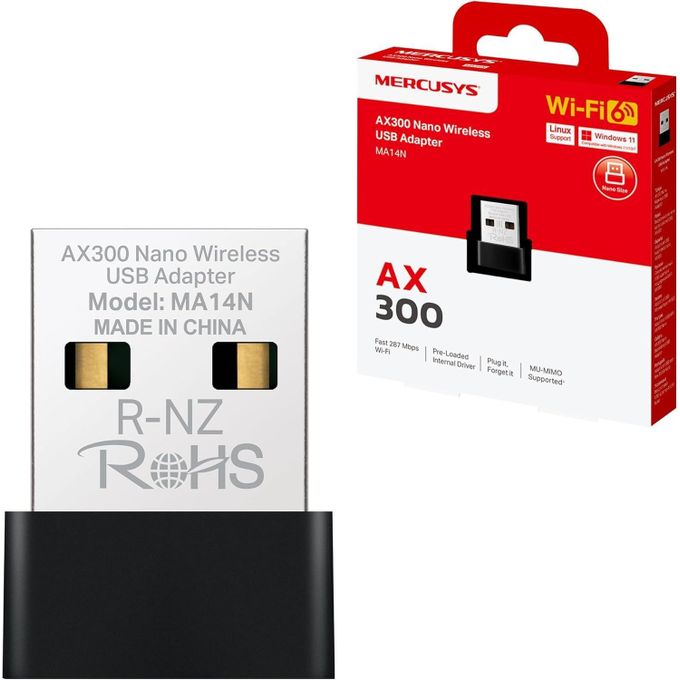Mercusys Clé Wifi TP-Link MA14N AX300 WiFi 6 WiFi USB, Clé WiFi pour PC Fixe, 287Mbps sur 2.4GHz, Design Nano, format ultra-compact, Installation Plug-&-Play, Compatibilité Windows 11/10/7 +Linux