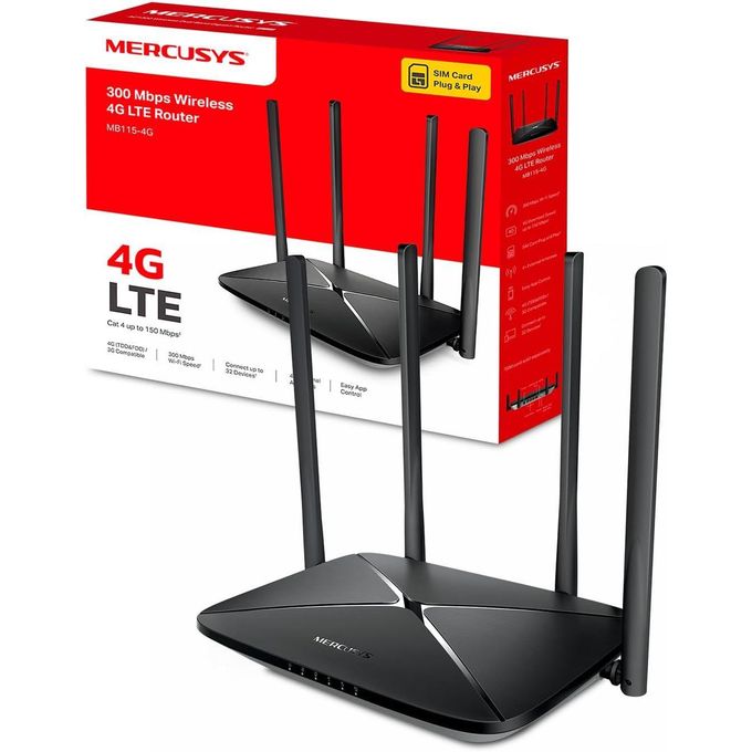 TP-Link Routeur 4G LTE - Mercusys MB115-4G , WiFi 300 Mbps en 2.4 Ghz, Carte SIM Nano, 4 Antennes Puissantes, Jusqu’à 32 Appareils, Mode routeur Via 4 Ports WAN/LAN, Compatible Multi-Opérateurs