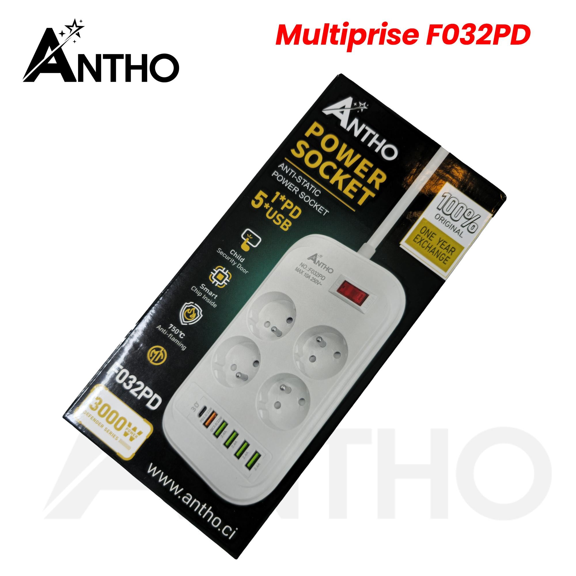 Multiprise F032PD - ANT - 4 prises - 5 x USB - 1 x Type C - 3000W