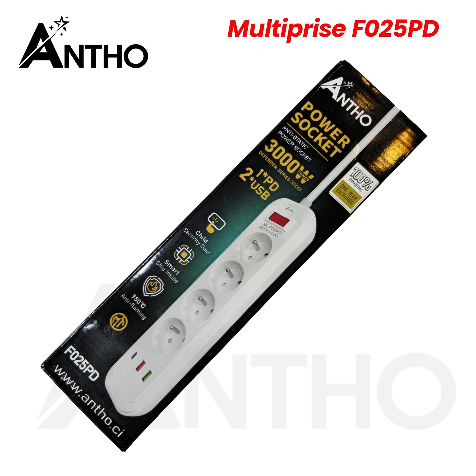 Multiprise F025PD - ANT - 4 prises - 2 x USB - 1 x Type C - 3000W