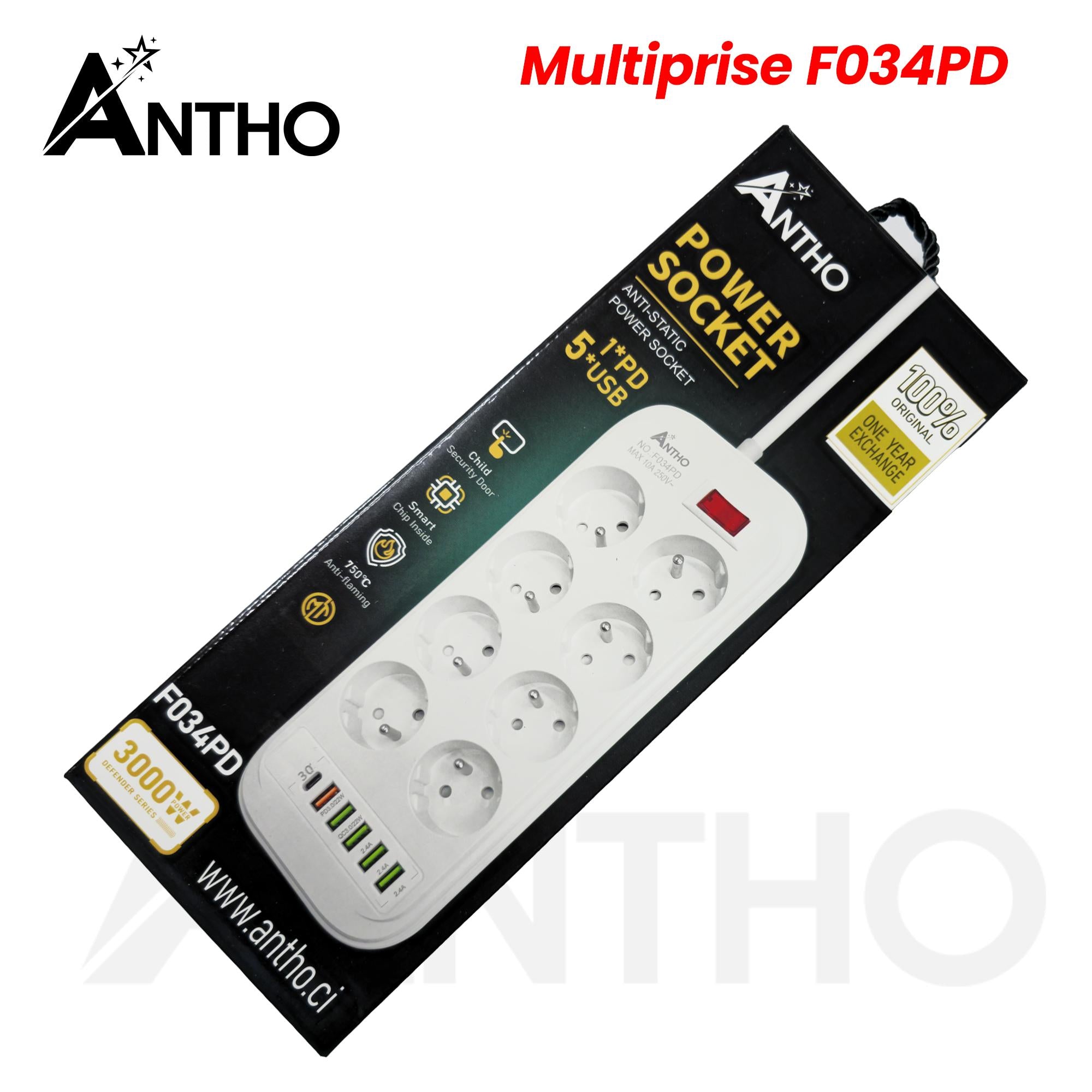 Multiprise F034PD - ANT - 8 prises - 5 x USB - 1 x Type C - 3000W