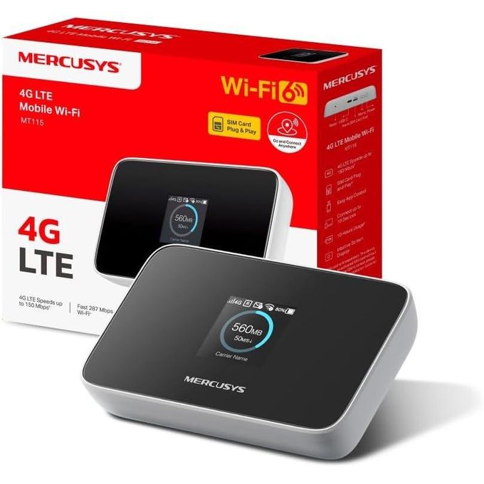 Mercusys TP-Link MT115 Hotspot 4G LTE Mobile Wi-FI, MiFi 6 AX300 Jusqu’à 287 MB/s, Pocket WiFi Portable, Batterie 2400 mAh, Écran LCD, Jusqu’à 10 appareils, Déverrouillé Compatible Toute SIM - Pocket wifi