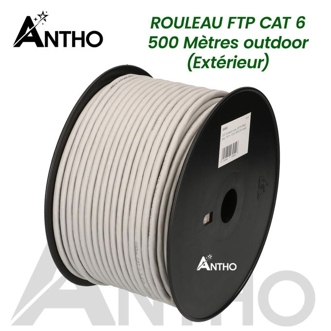 ANTHO Rouleau Câble Réseau FTP Cat 6 – 500 Mètres Extérieur (Outdoor)