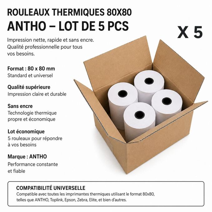 ANTHO Rouleaux Thermiques 80x80 – Qualité Pro - (Lot de 5 pièces) - 80 x 80 - Pour ticket de caisse - reçu