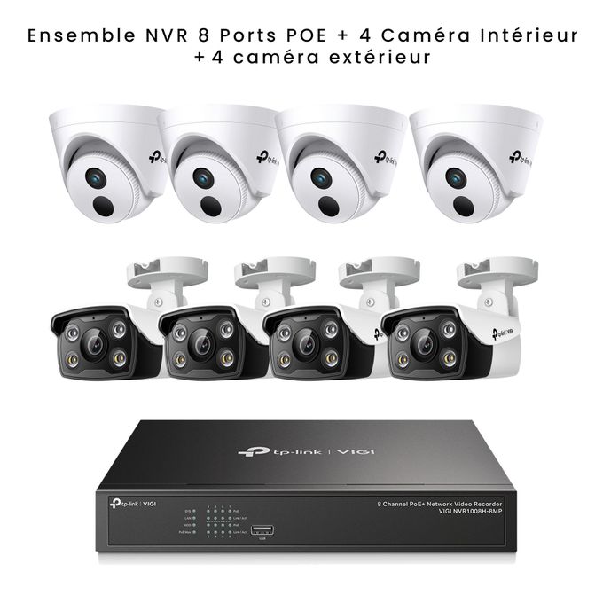 TP-Link Kit caméra de surveillance VIGI - NVR 8 ports POE + 4 Caméra Intérieur + 4 Caméra Extérieur - 4K - POE - ONVIF - TPlink - Vision nocturne