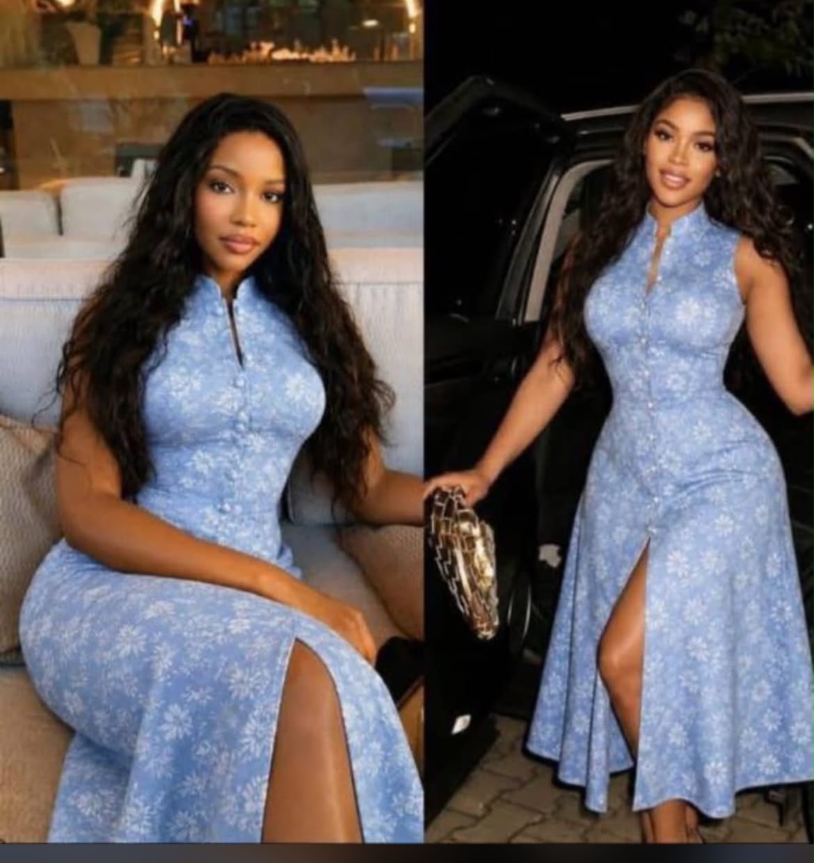 Robe longue bleue fendue