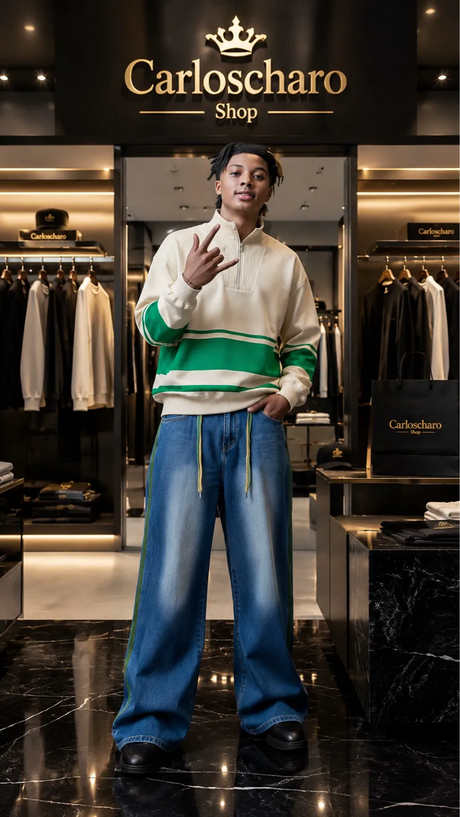 Pantalon jean bleu évasé robuste en Bagui
