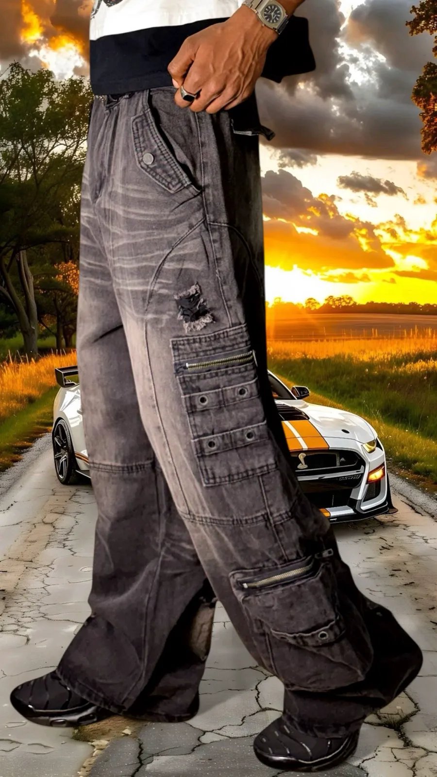 Pantalon jean noir gros bas décontracté
